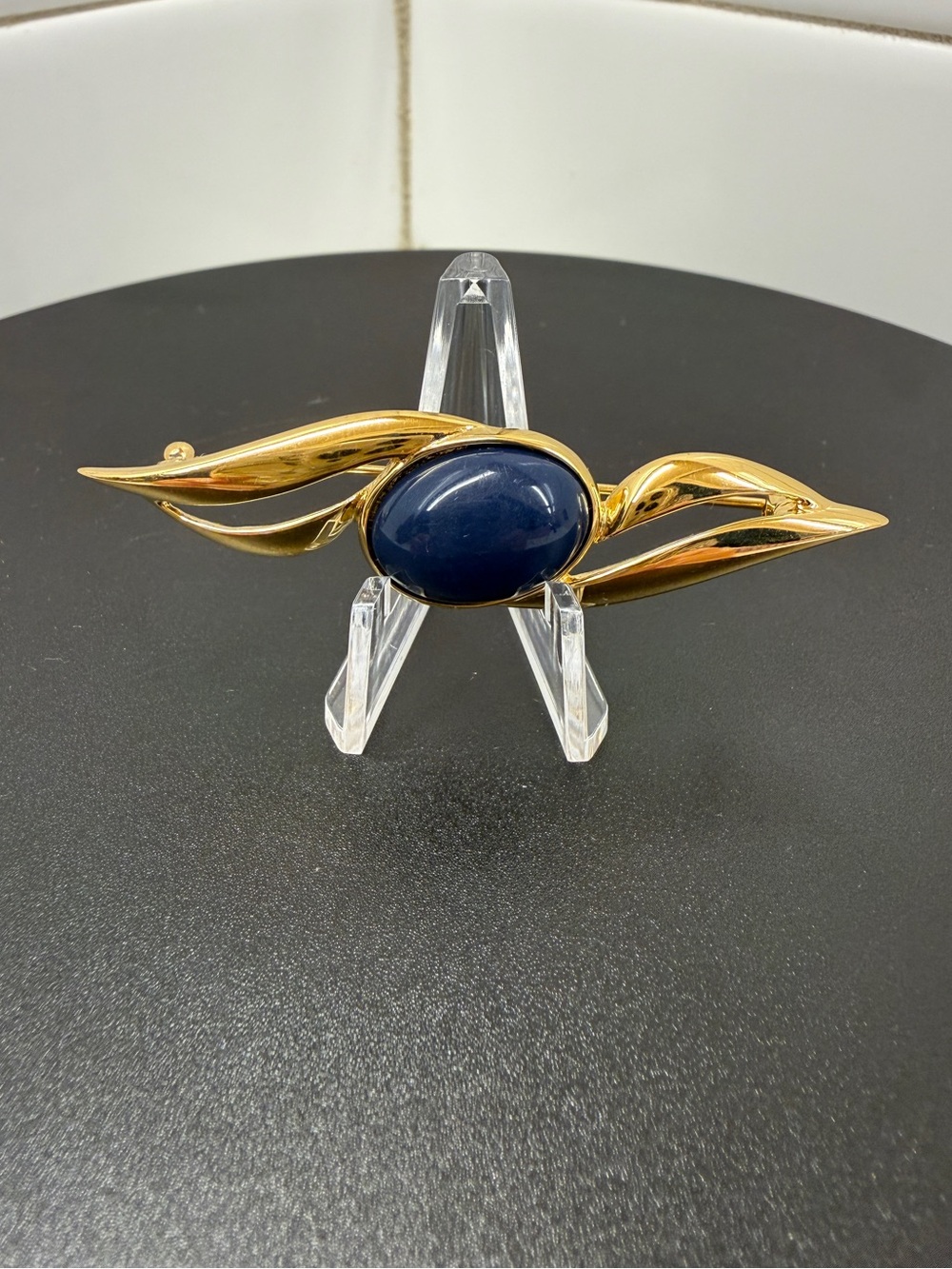 Monet Gold-Tone Brooch with Deep Blue Oval Stone